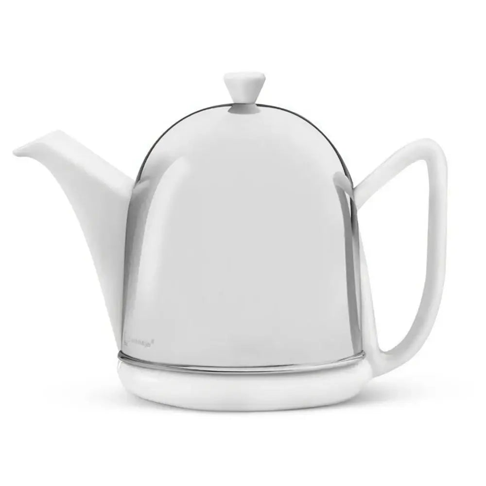 White teapot with a silver base on a white background