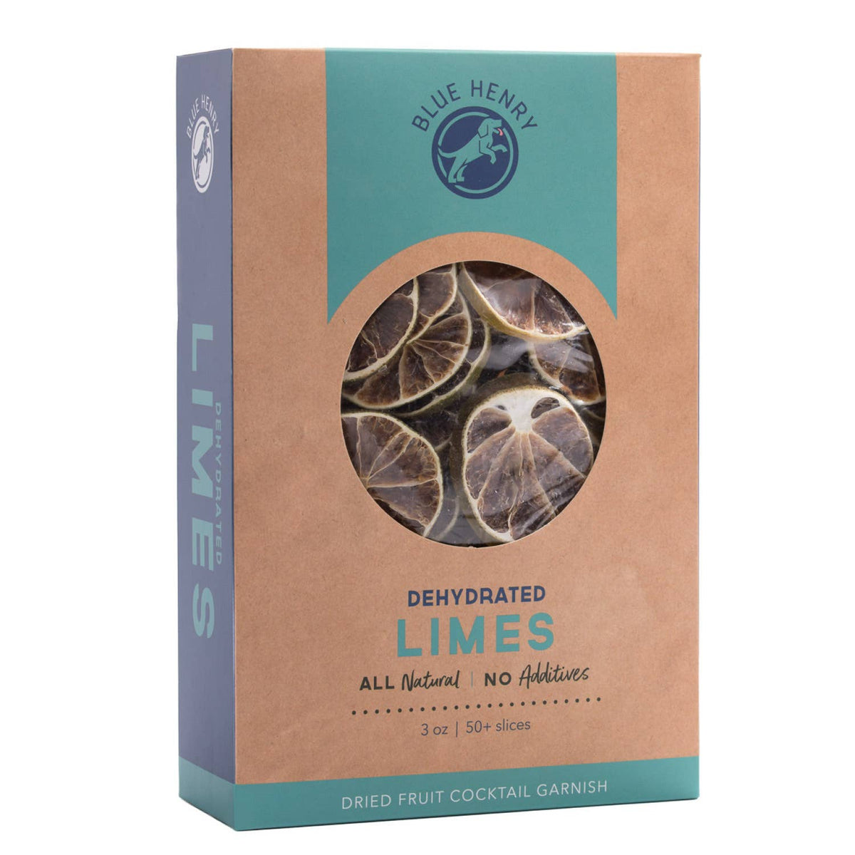 Box of dehydrated limes with Blue Henry branding on a white background
