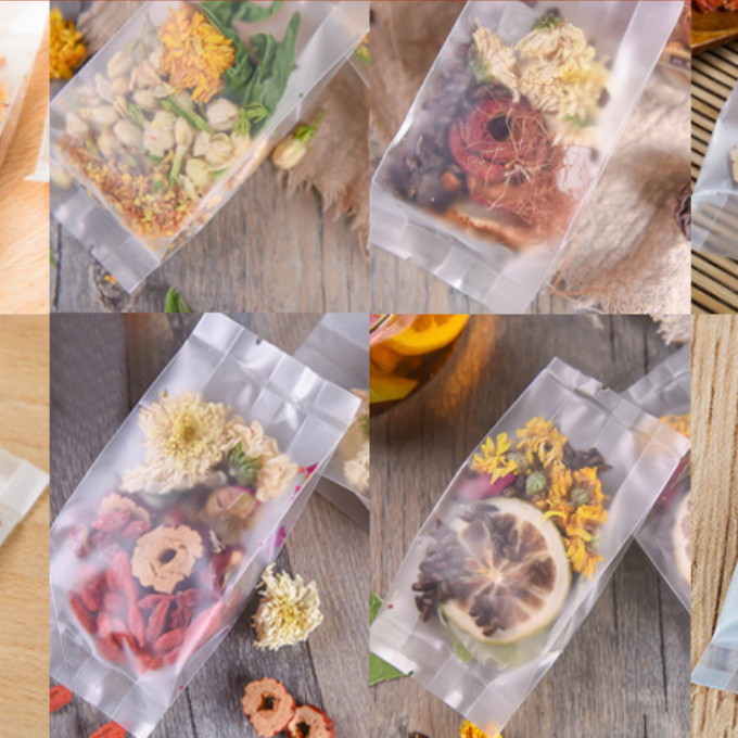 Collage of various dried fruit and flower packages on a wooden surface.