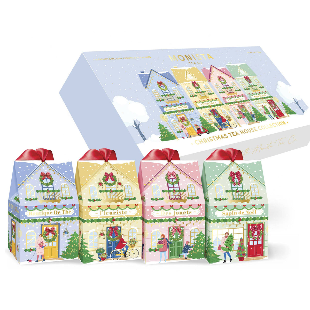 Monista Tea Christmas Tea House Collection gift set featuring four illustrated house-shaped tea boxes with red ribbons and a matching display box in the background, all on a white background.
