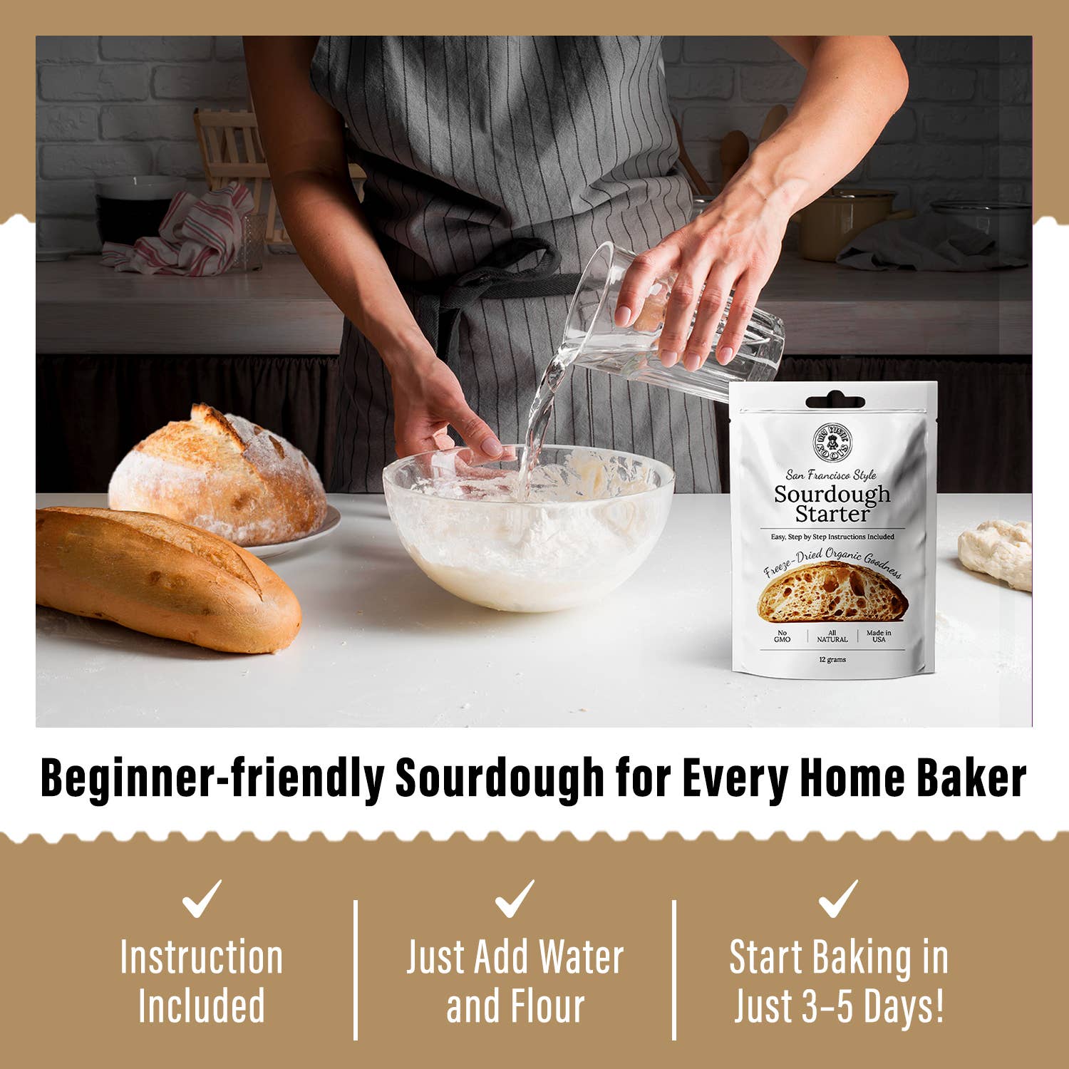 Person preparing sourdough bread with a Sourdough Starter package on a kitchen counter.