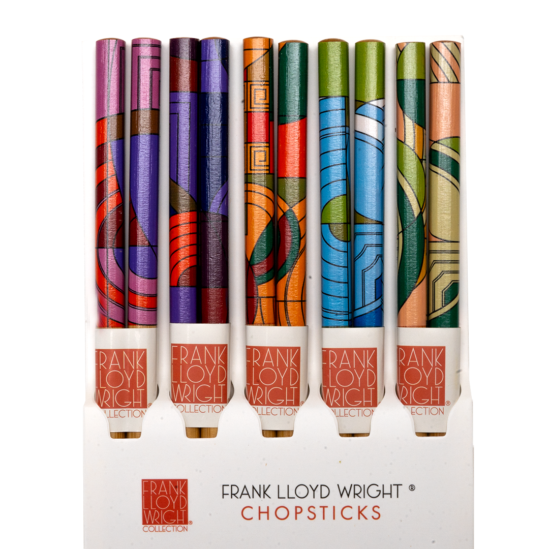 Set of colorful chopsticks with Frank Lloyd Wright branding on a white background