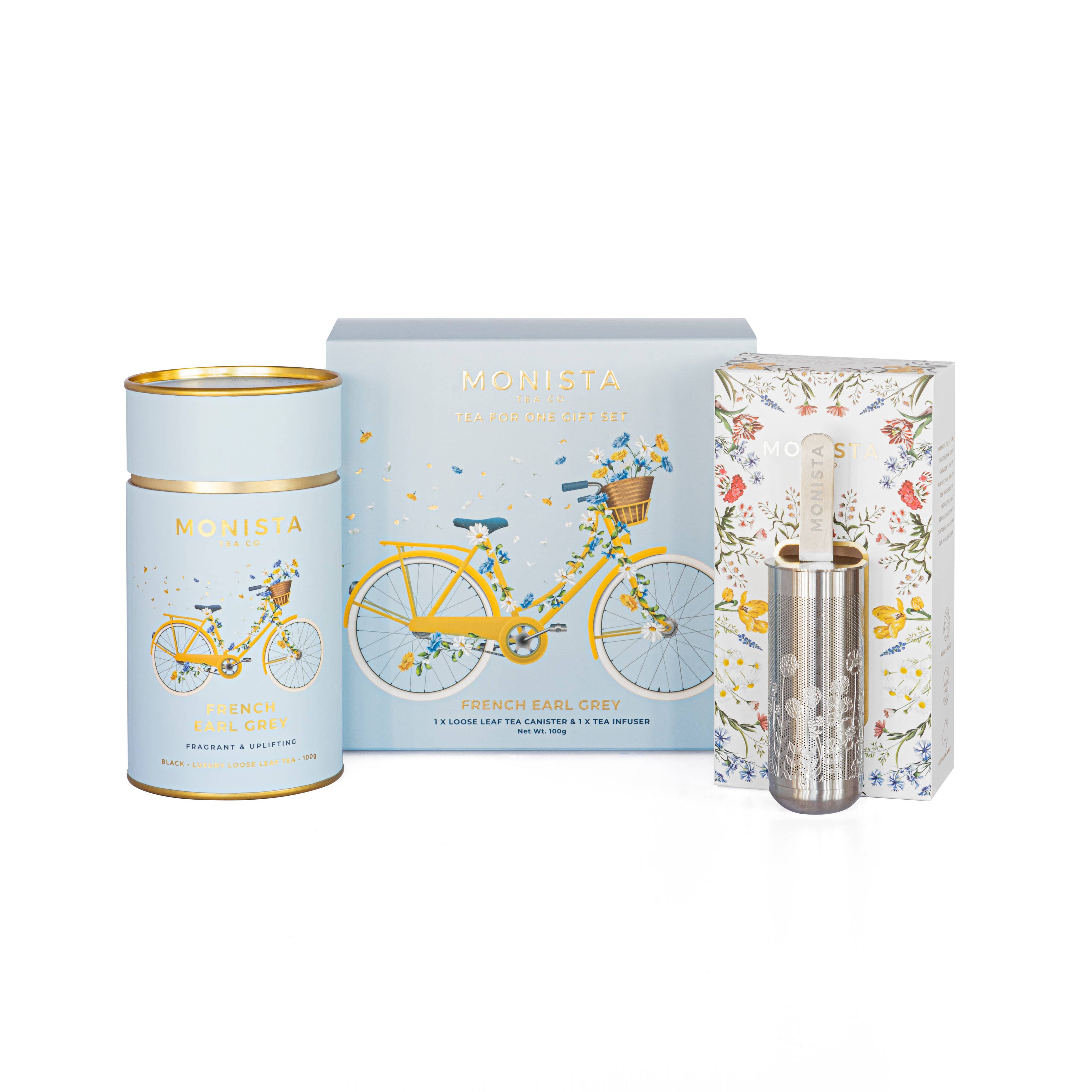 Tea packaging set with a bicycle design on a white background