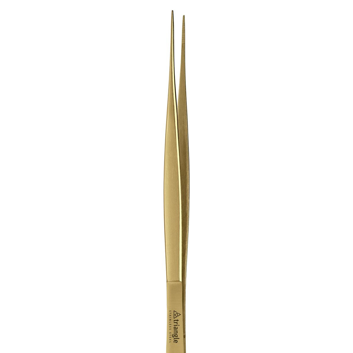 Gold-colored tweezers on a white background