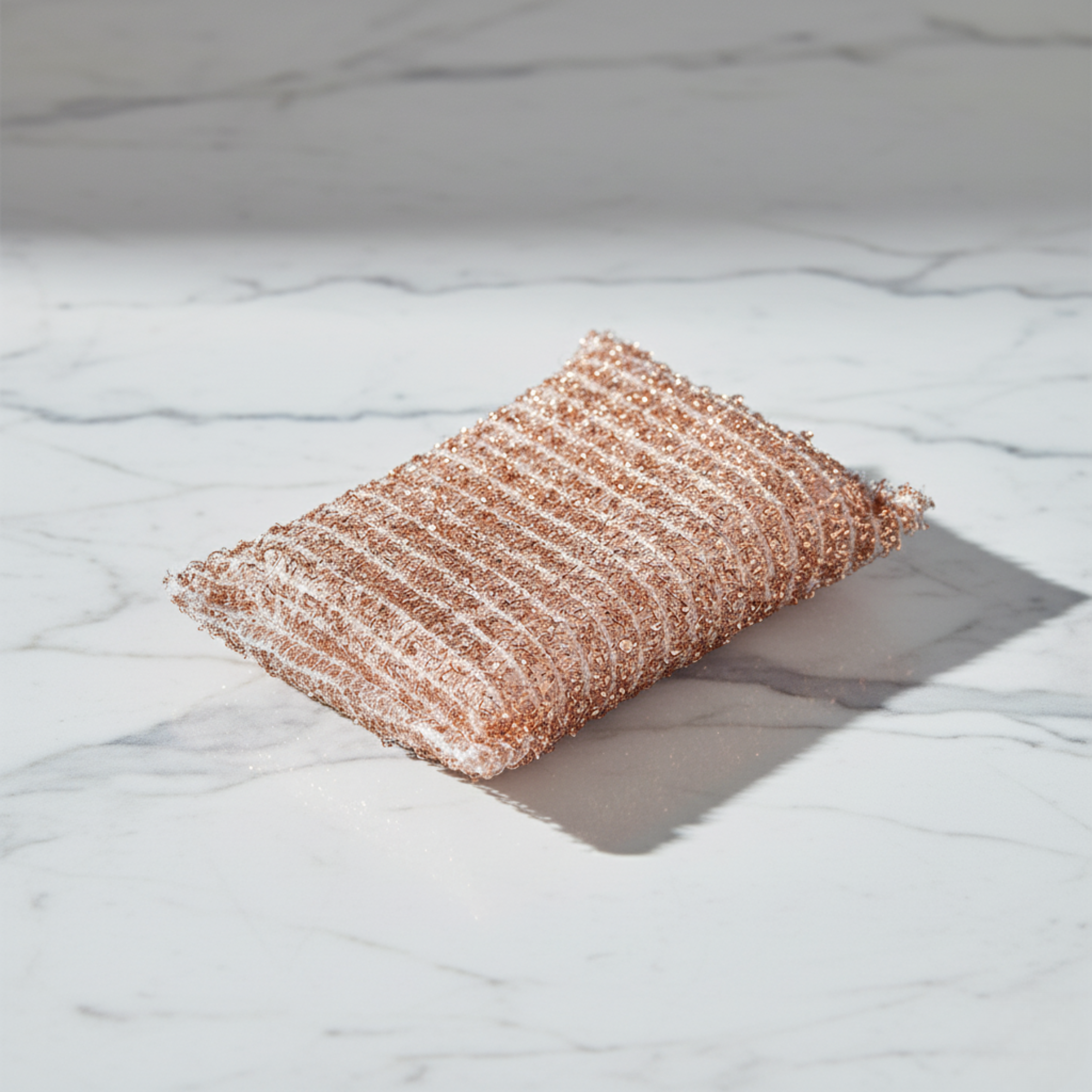 Rectangular pink bath sponge on a marble surface