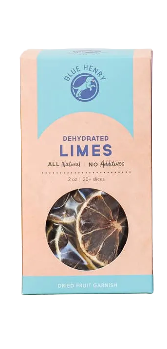 Blue Henry Dehydrated Limes garnish in a box with a circular window showing dried lime slices.