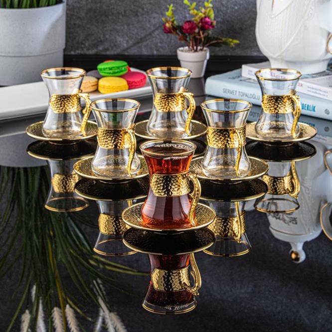 Vintage Turkish Tea Glasses with Saucers, Set of 6 (4.22 oz)