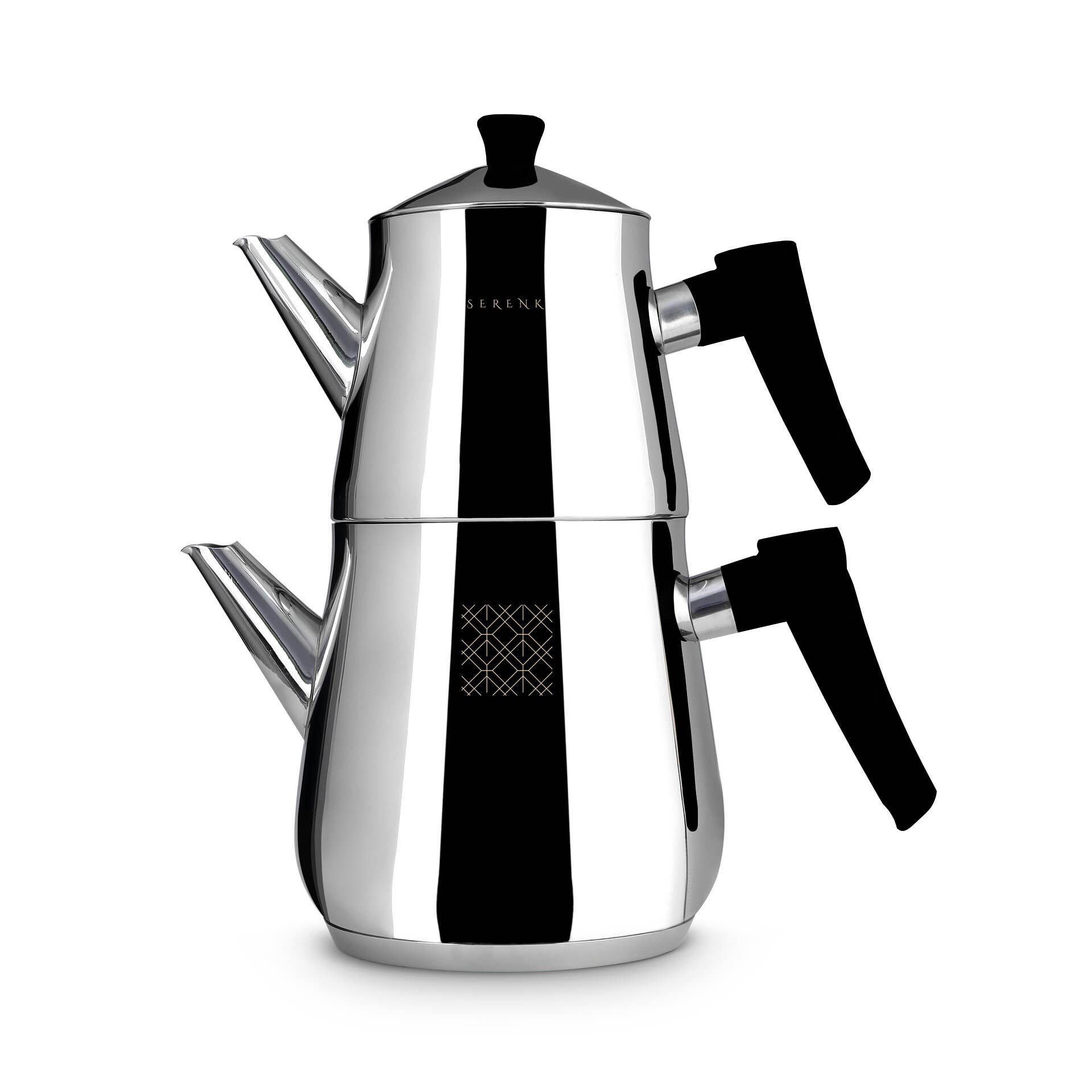 Stainless steel coffee percolator with black accents on a white background