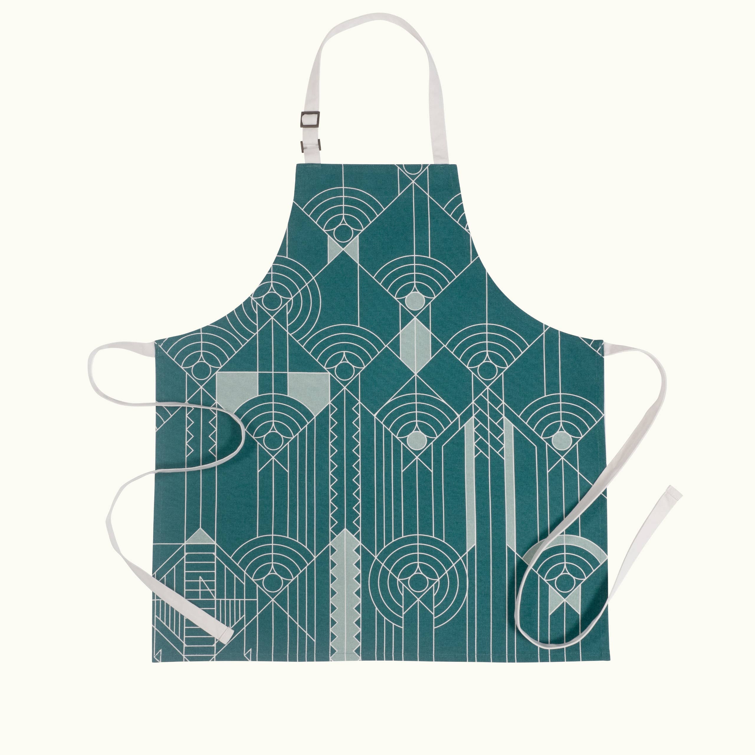Teal apron with geometric pattern on a white background