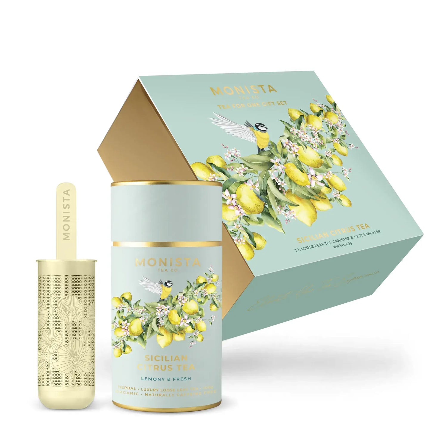 Monista Sicilian Oolong tea set with canister and box featuring lemon design on a white background