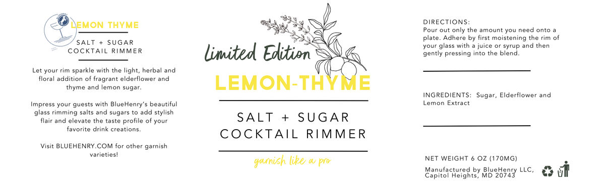 A square product label for the Blueberry Lemon Thyme Salt + Sugar Cocktail Rimmer, featuring a white background with blue and yellow text, botanical illustrations, and a central &
