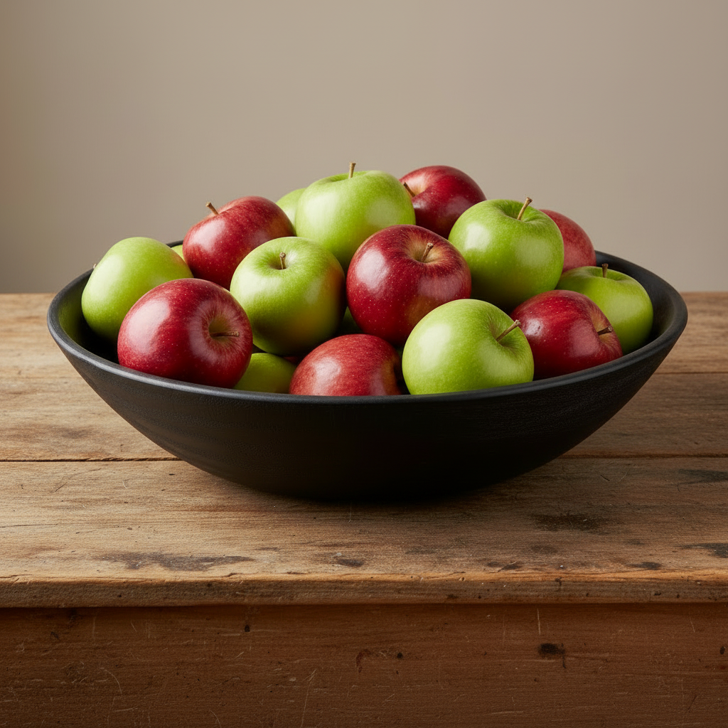 Black mango wood bowl filled with green and red applies