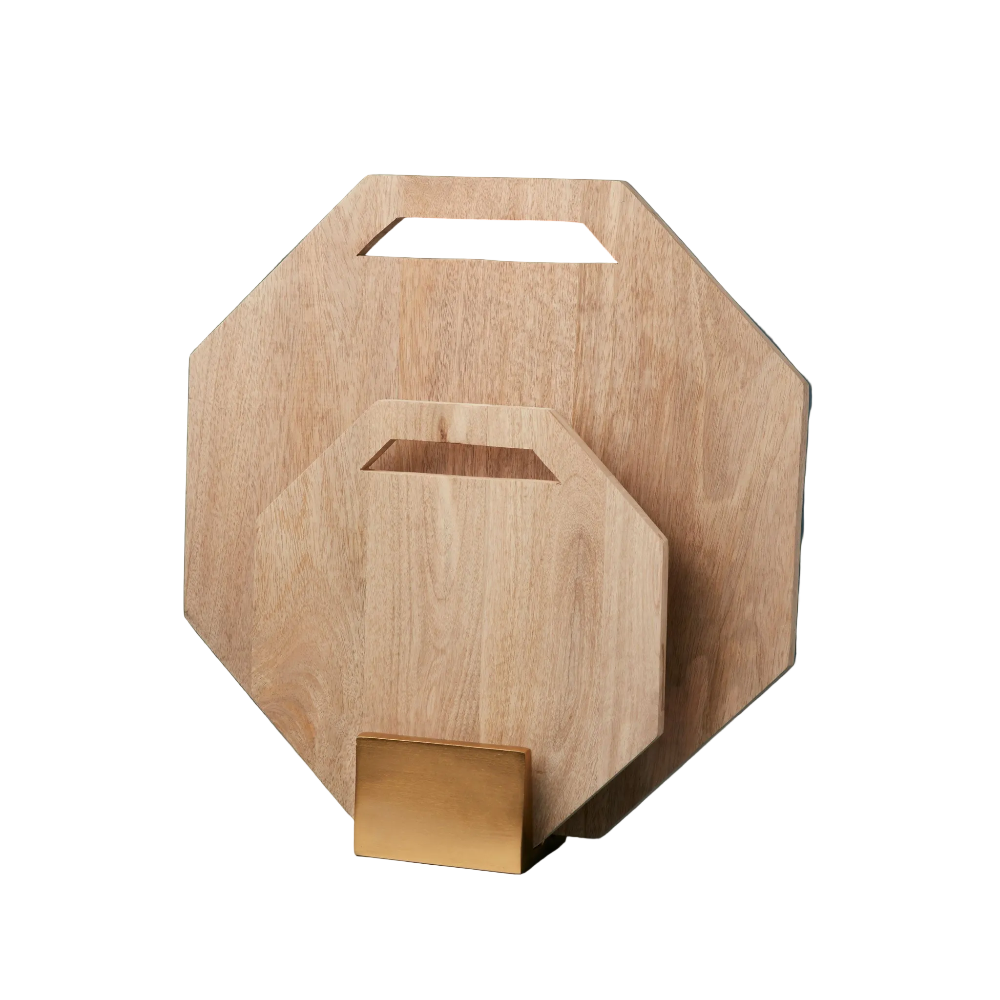 Two wooden hexagonal boards on a gold stand with a white background