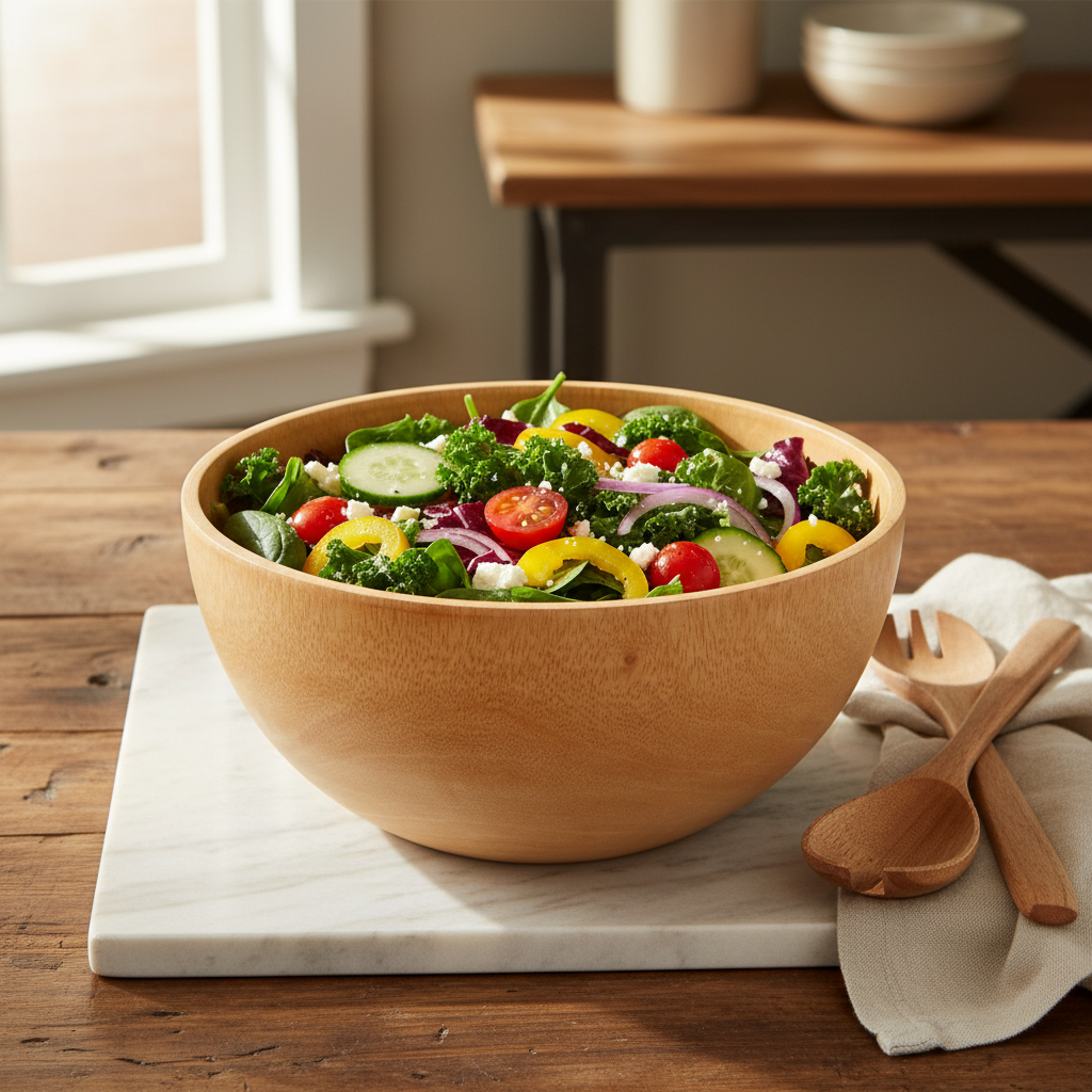 Mango wood salad bowl filled with salad on a wooden table