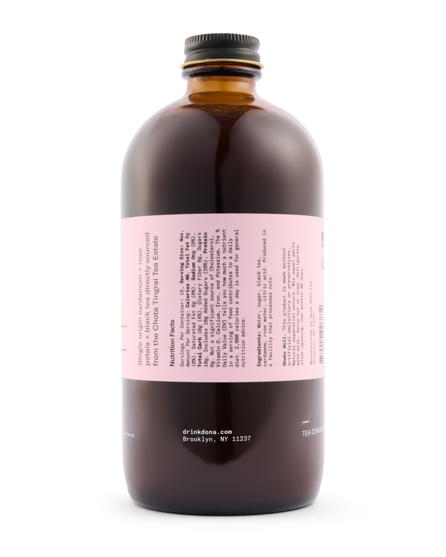 Brown bottle with a pink label on a white background