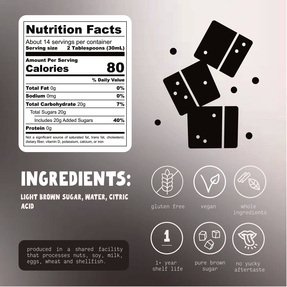 A product information graphic for brown sugar simple syrup with a Nutrition Facts label, ingredients list, icons for gluten free, vegan, whole ingredients, 1+ year shelf life, and pure brown sugar, plus a stylized black domino illustration on a gray gradient background.