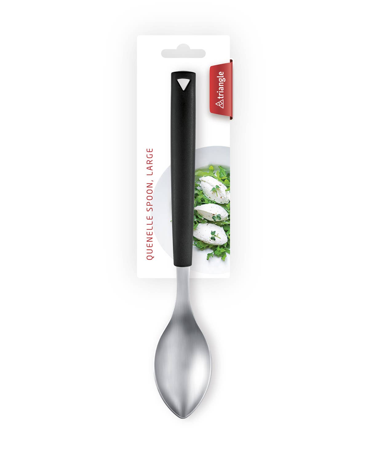 A large Triangle stainless steel quenelle spoon with a black handle packaged on a white card with a red Triangle logo.