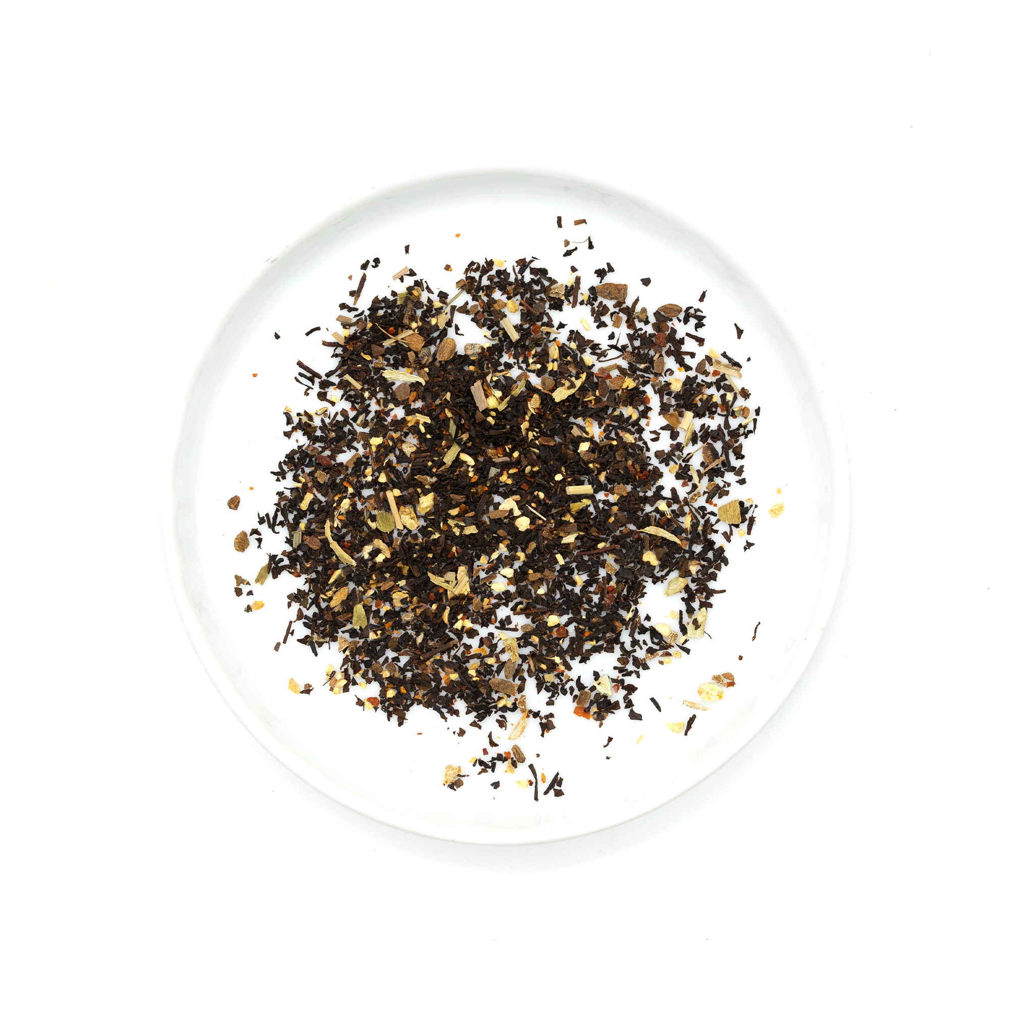 Tea leaves on a white plate with a white background