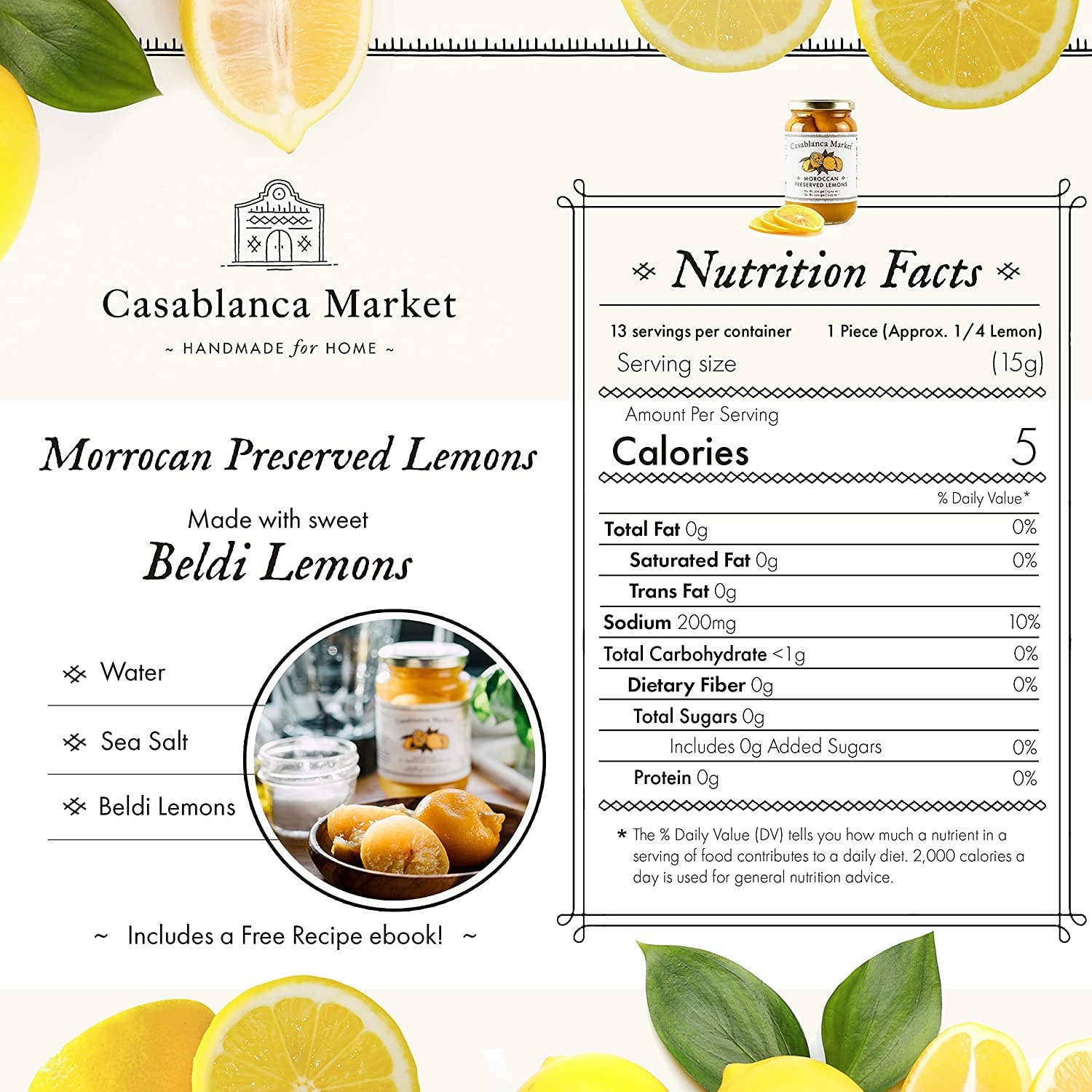 Nutrition facts label for Casablanca Market Moroccan Preserved Lemons with lemon slices and leaves on a white background.