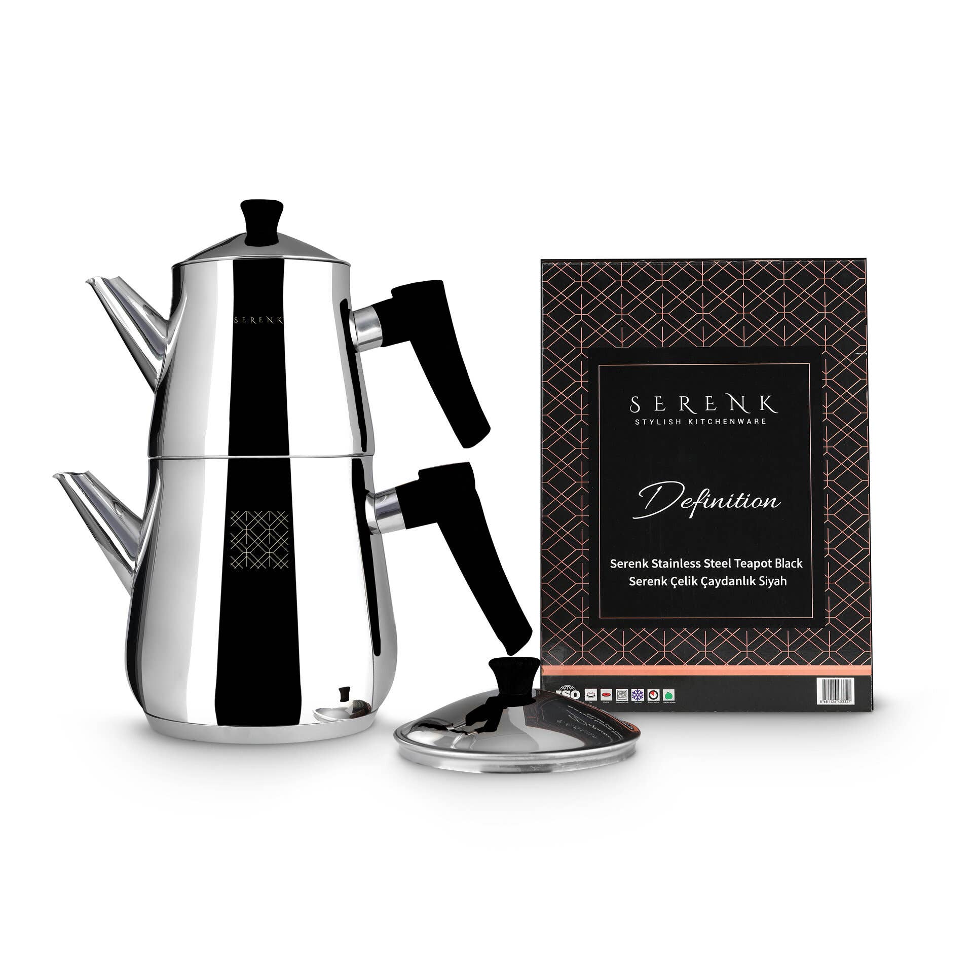 Silver teapot with black accents next to its packaging box on a white background