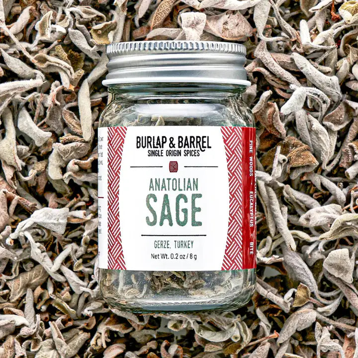 Jar of Burlap & Barrel Anatolian Sage on a bed of dried sage leaves