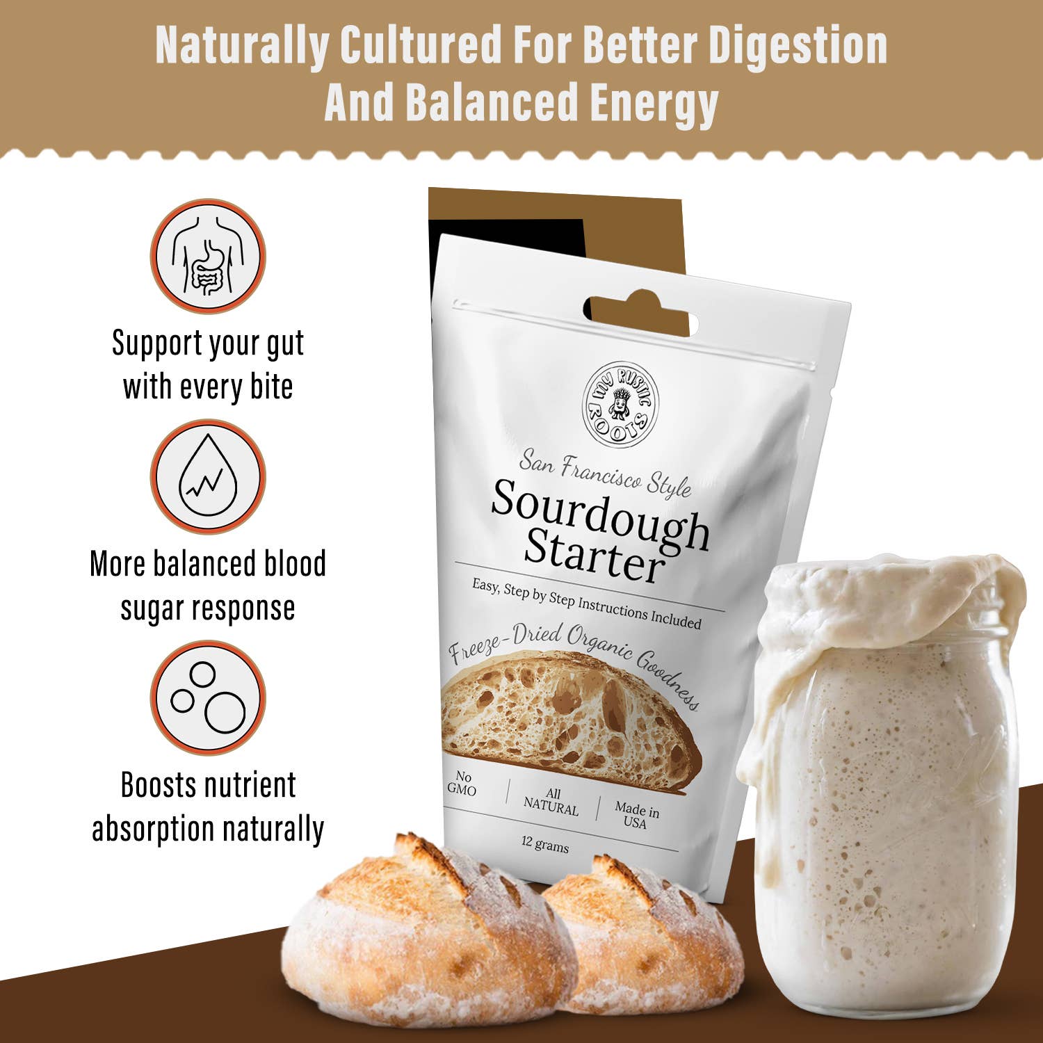 Sourdough starter package with bread and starter in a jar, labeled &
