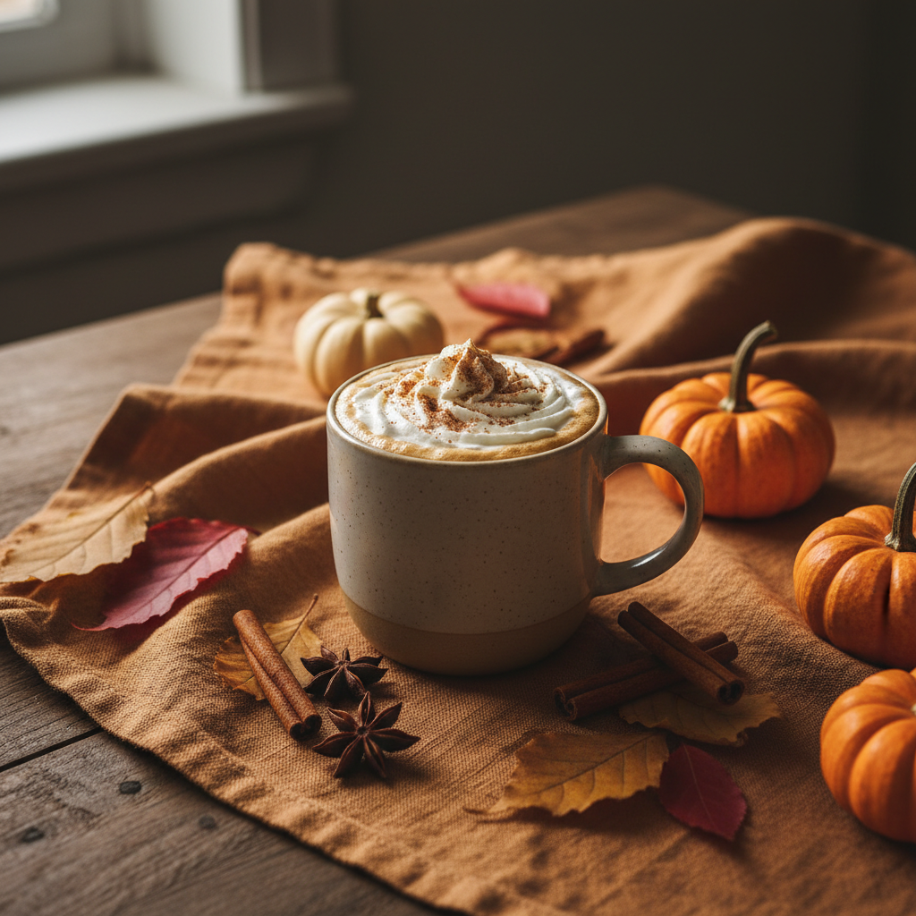 A beige ceramic mug filled with a pumpkin spice latte topped with whipped cream and toasted pepita pumpkin spice, set on a rustic wooden table with autumn props including small pumpkins, leaves, cinnamon sticks, and star anise.