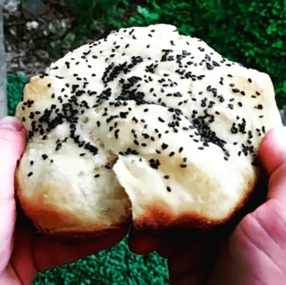 Hand holding a piece of bread with black sesame seeds against a green grass background