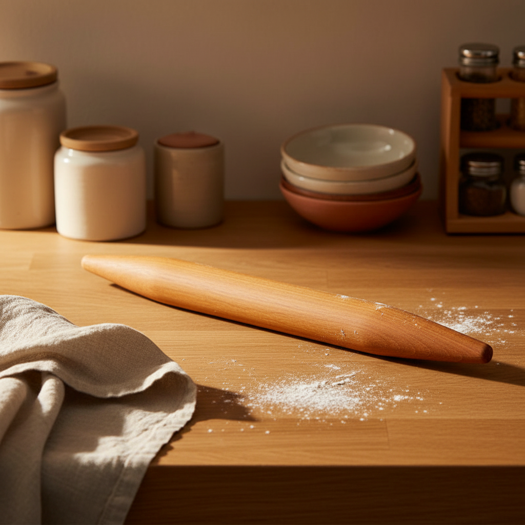 Teak rolling pin on a kitchen counter with dustings of flour