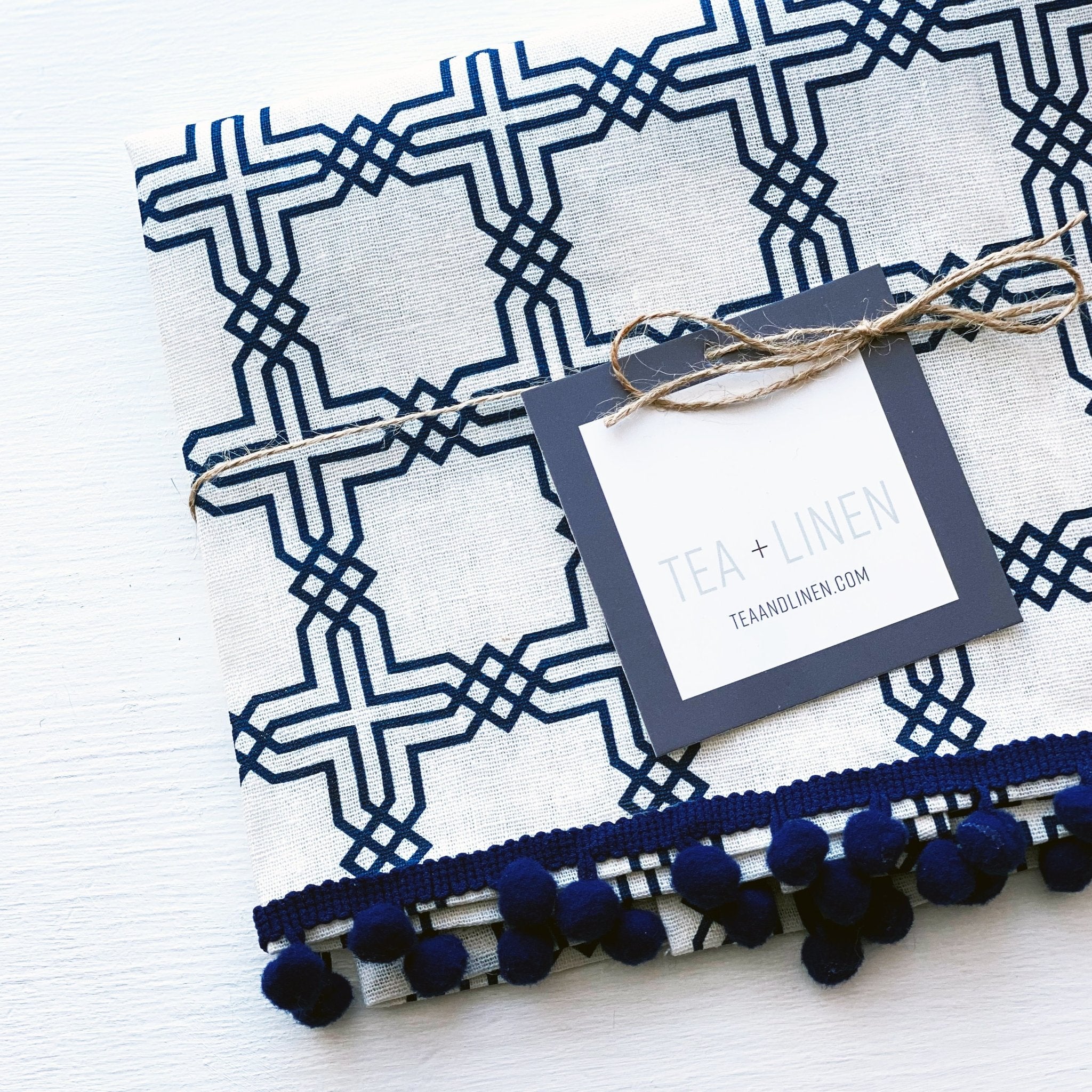 Cordoba Tea Towel With Navy Pom Poms - Tea + Linen