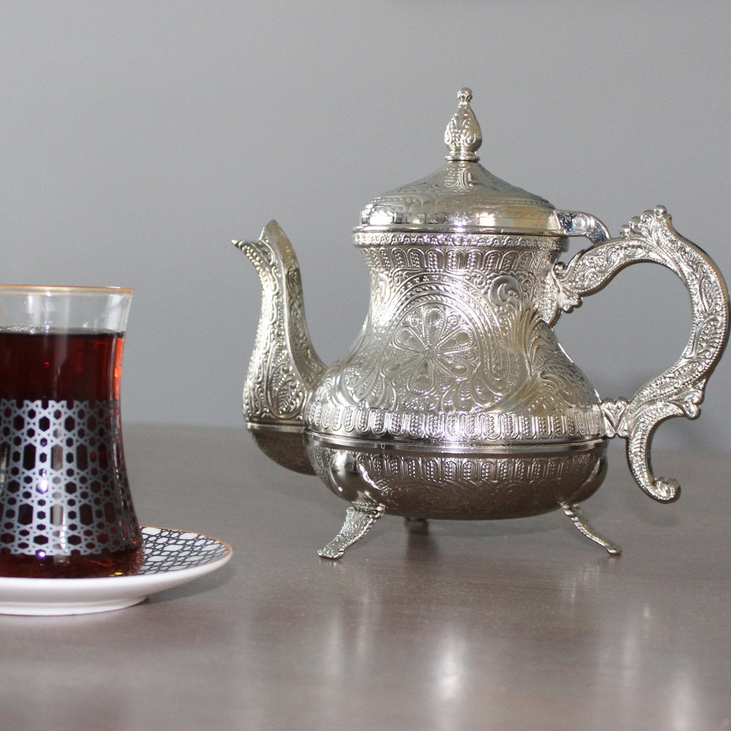 Vintage Turkish Tea Set with Tray Metal Teapot Set