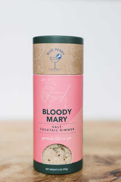 Pink cylindrical container of Bloody Mary salt cocktail rimmer with &
