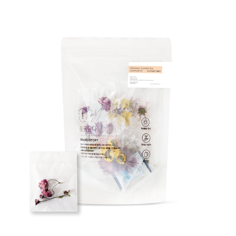 Floral tea packaging with dried flowers on a white background