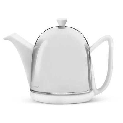 White teapot with a silver base on a white background