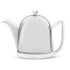 White teapot with a silver base on a white background