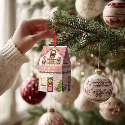 A hand wearing a cream knit sweater hangs a small pink house-shaped Christmas ornament from a pine tree branch. The ornament has a red ribbon loop and festive printed details, with other decorated ornaments blurred in the background.