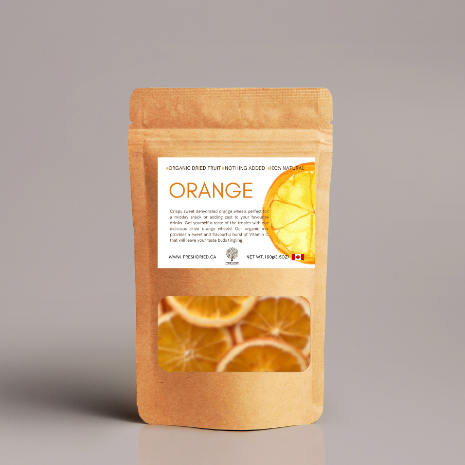 Brown package of organic dried orange slices on a gray background