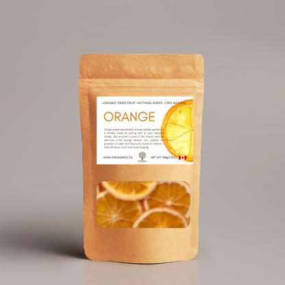 Brown package of organic dried orange slices on a gray background