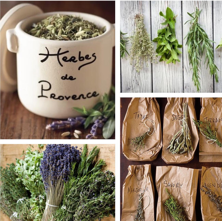 Collage of images featuring herbs and a mug labeled &