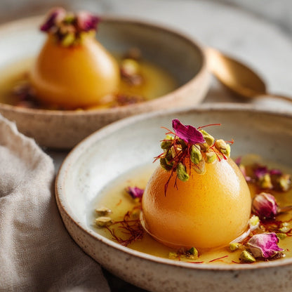 Delicate dessert with a poached fruit sphere on a speckled ceramic plate, garnished with flowers.