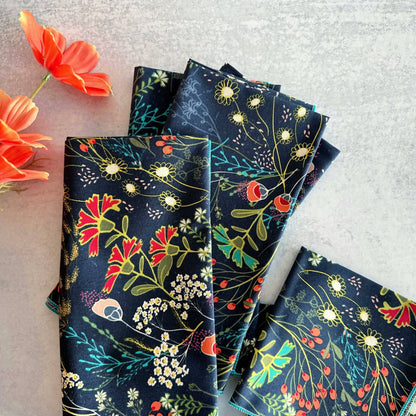 Floral Cotton Napkin Set of 4 — Navy with Coral