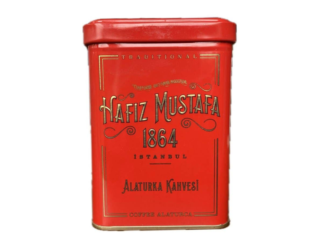 Red coffee tin with &