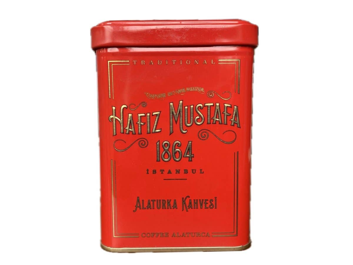 Red coffee tin with &