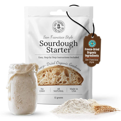 Sourdough starter package with a jar of starter and organic ingredients on a white background