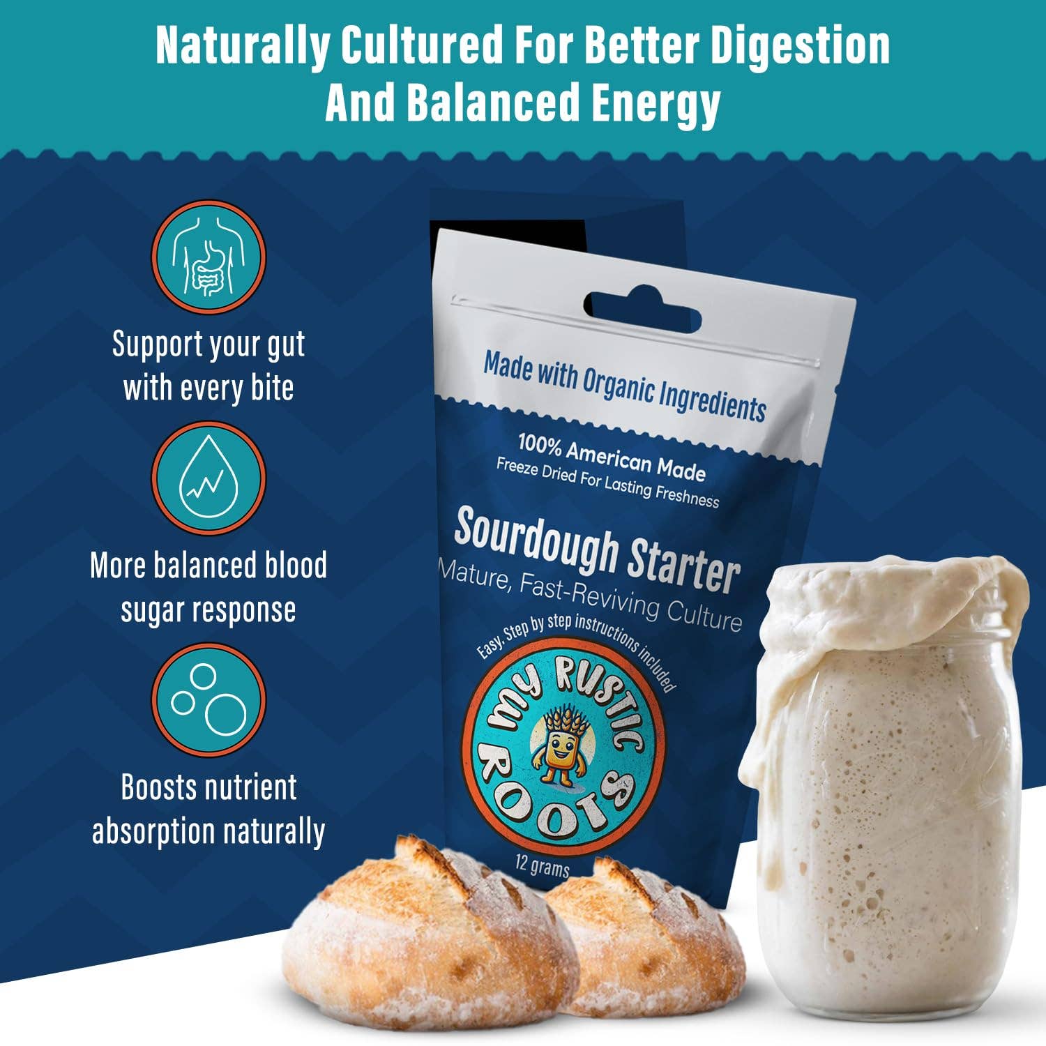 Sourdough starter package with benefits listed on a blue background