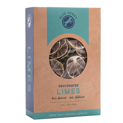 Box of dehydrated limes with Blue Henry branding on a white background