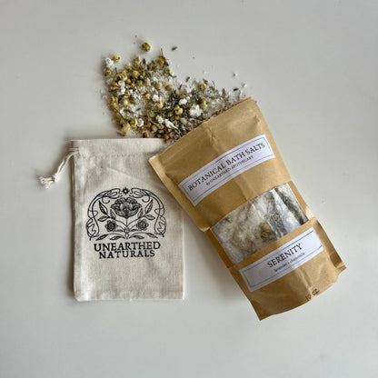 Unearthed Naturals packaging with dried herbs on a light background