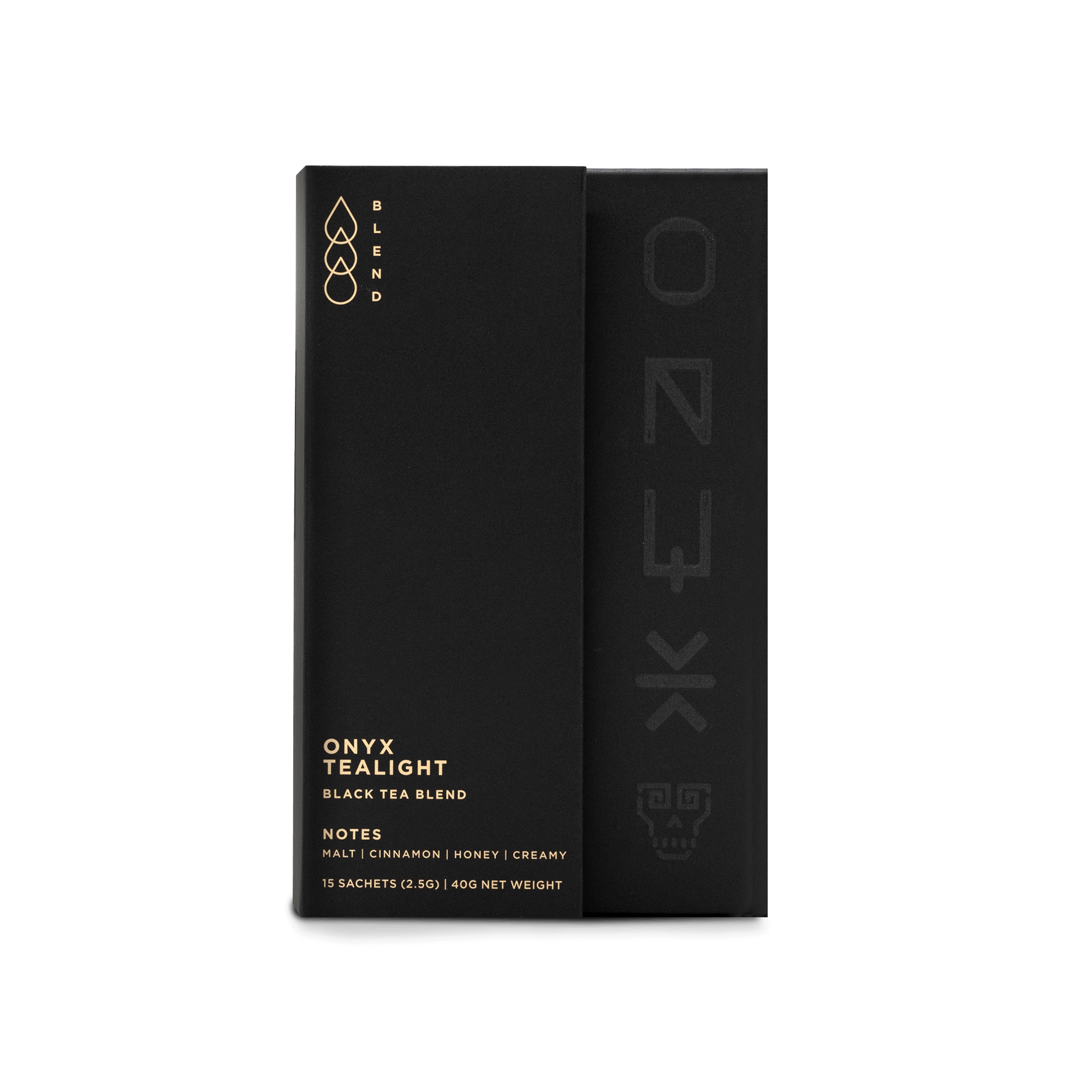 Black tea packaging with brand logo and product name on a black background