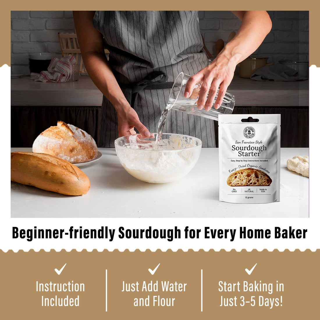 Person preparing sourdough bread with a Sourdough Starter package on a kitchen counter.