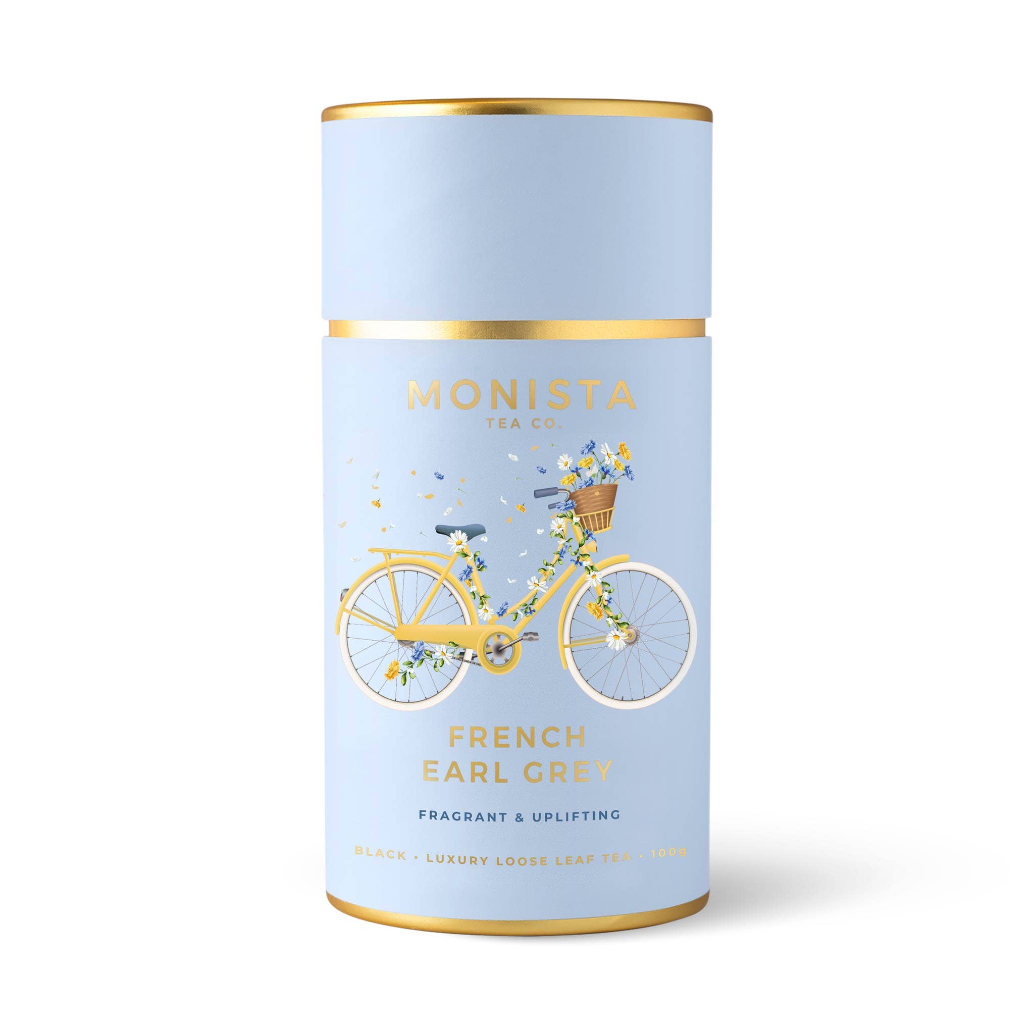 Tea canister with bicycle illustration and &
